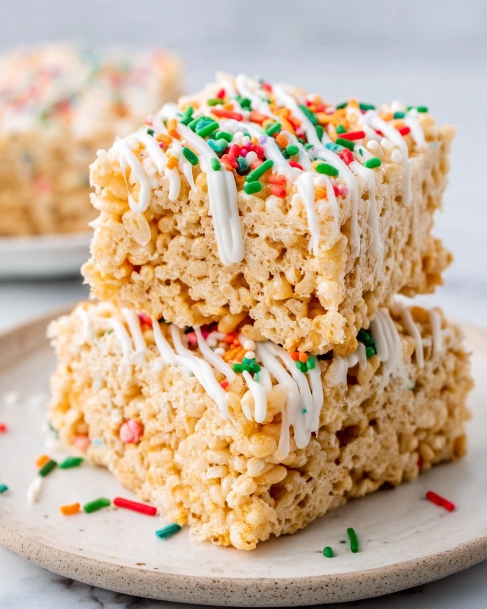 Two square rice crispy treats stacked on top of each other on a white plate with small colorful sprinkles around and on top. The treats are light golden brown with a soft, sticky texture, drizzled with thin lines of white icing. The plate is on a white marbled surface, with part of a glass of milk visible in the background. Photo taken with an iphone --ar 4:5 --v 7