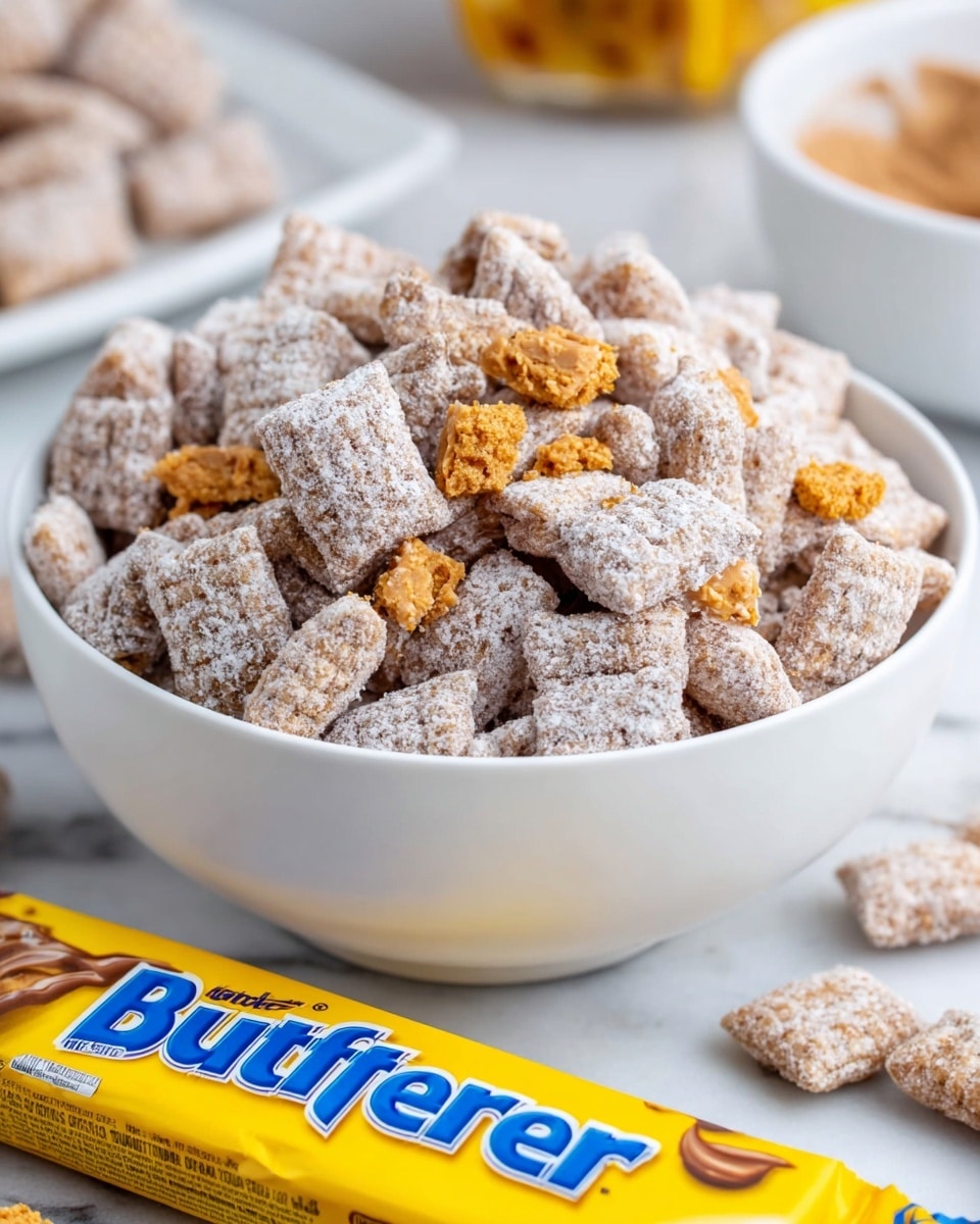 A white bowl is filled with small square cereal pieces coated in a light dusting of white powder, giving them a slightly rough texture. Scattered among the cereal are small chunks of crushed orange-brown candy or peanut butter pieces, adding contrast and extra texture. The bowl sits on a white marbled surface, and nearby, there is a yellow Butterfinger candy bar wrapper with blue and white lettering, suggesting the cereal flavor. Parts of other white bowls with similar cereal and peanut butter in the background are softly out of focus. photo taken with an iphone --ar 4:5 --v 7