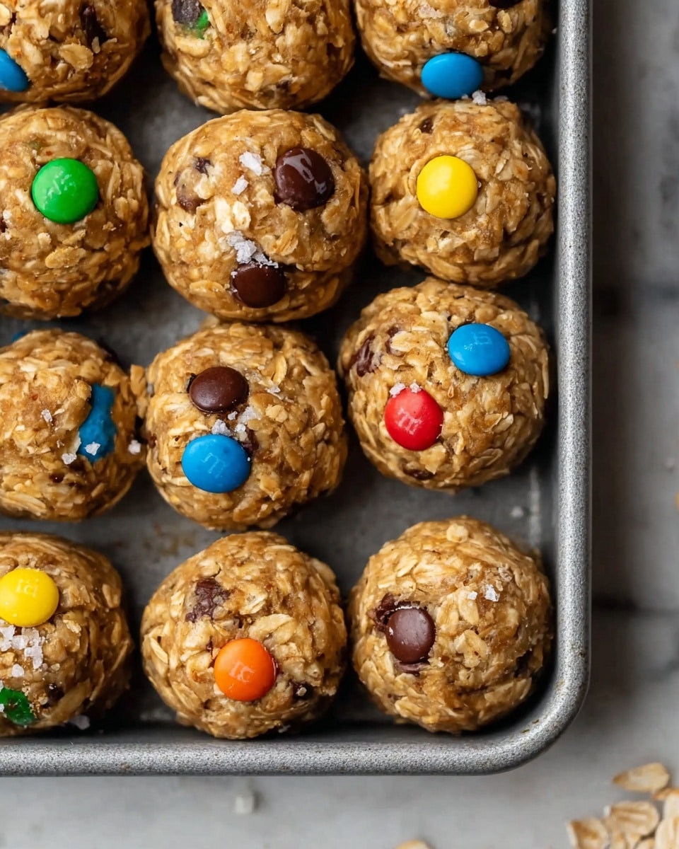 The image shows a close-up of nine rounded energy bites inside a gray square baking tray on a white marbled surface. Each bite is textured with light brown oats mixed deeply into the dough, giving a rough and grainy appearance. Small colorful candy-coated chocolates and dark brown chocolate chips are embedded on the surface unevenly, with some candy pieces in blue, green, yellow, orange, and red, adding bright spots of color against the oat base. A few bites have small flakes of coarse white salt on top, enhancing the texture. The bites look soft but hold their round shape firmly, arranged closely together but not touching. Photo taken with an iphone --ar 4:5 --v 7