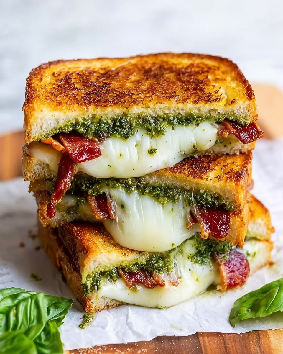 A toasted sandwich cut in half stacked on white parchment paper, showing three main layers inside. The top and bottom layers are golden-brown toasted bread slices with a crispy texture. Beneath the top bread is a thick spread of green pesto sauce with a rough, oily texture. Below the pesto is a melted white cheese layer dripping slightly. Under the cheese, crispy reddish bacon strips peek out, adding a crunchy contrast. The sandwich halves are placed on a white marbled surface with a few fresh green basil leaves nearby. Photo taken with an iphone --ar 4:5 --v 7