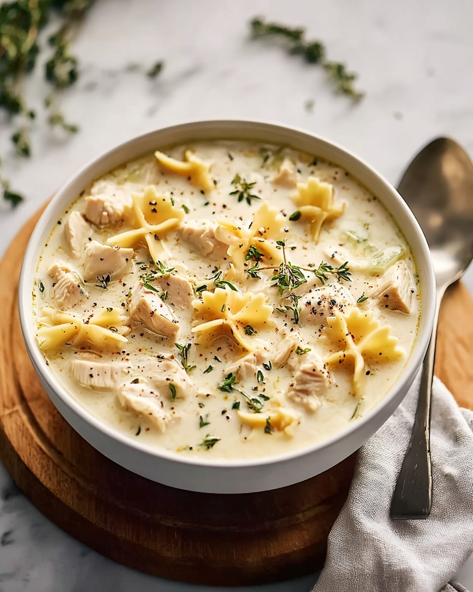 A white bowl filled with creamy chicken soup, showing chunks of white chicken pieces spread throughout. The soup has a rich, thick cream base colored pale yellowish-white, with visible pieces of star-shaped pasta floating on the top layer. Small green herb sprigs, likely thyme, are scattered on the surface along with cracked black pepper. The bowl is resting on a round wooden board placed on a white marbled surface. A spoon lies to the right held by a woman's hand gently resting nearby, and a soft white cloth napkin is partially visible under the spoon. photo taken with an iphone --ar 4:5 --v 7