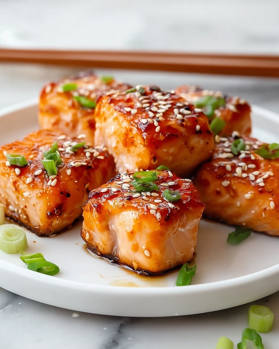 The image shows six golden-brown grilled salmon cubes placed on a white plate sitting on a white marbled surface. The salmon pieces have a glossy, sticky layer of orange-brown glaze that shines under the light. Each cube is topped with small white sesame seeds and bits of bright green onion, adding color and texture contrast. The salmon's outside has a slightly charred look with crisp edges, showing grilled marks and a tender, flaky inside. A few pieces of chopped green onion scatter around the plate and on the surface, with wooden chopsticks beside the plate. Photo taken with an iphone --ar 4:5 --v 7