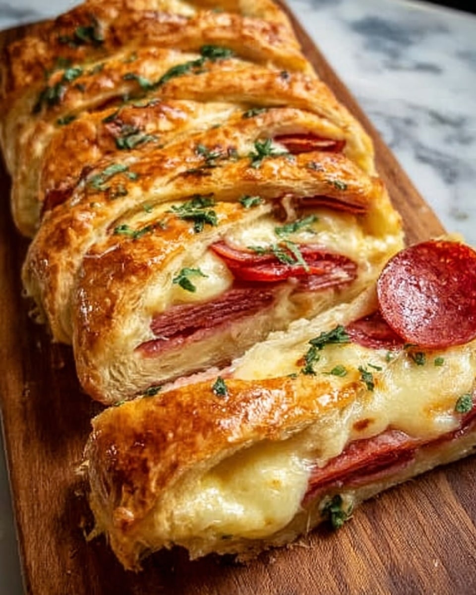 The image shows a rectangular garlic bread with two main layers. The bottom layer is a thick, soft bread with a light golden-brown crust and airy texture. On top, there is a generous, melted white cheese layer that is creamy and slightly browned in spots, with some cheese stretching down the sides. The cheese is sprinkled with small pieces of green herbs, likely parsley, adding contrast to the creamy white topping. The garlic bread rests on a wooden board, with a blurred bowl of butter or sauce in the background on a white marbled surface. Photo taken with an iphone --ar 4:5 --v 7