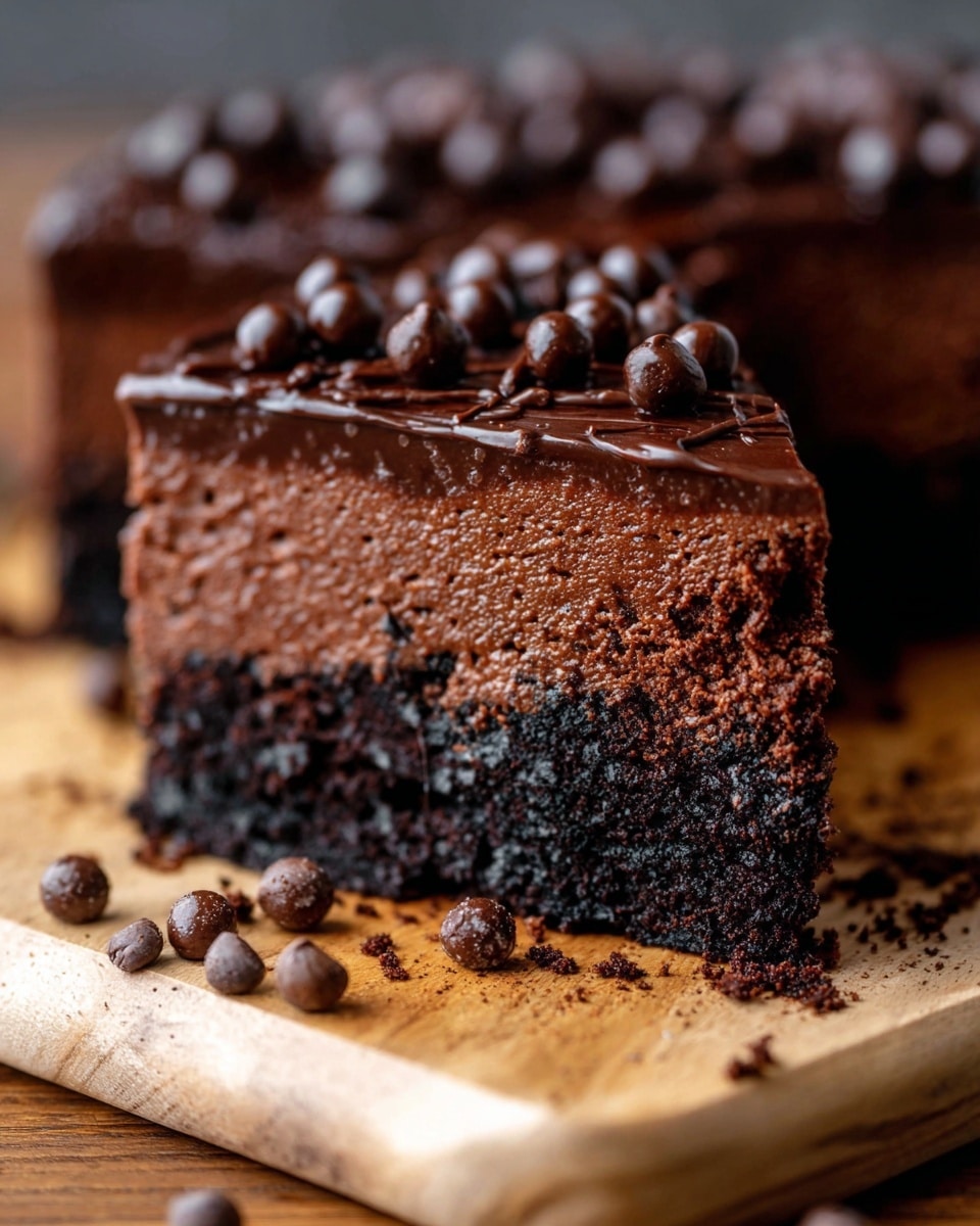 A close-up view of a thick chocolate cake slice with three distinct layers: at the bottom, a dark, crumbly crust; in the middle, a dense and moist chocolate layer with a soft texture; on top, a smooth glossy chocolate ganache spread evenly, decorated with small round chocolate balls scattered across the surface. The cake slice sits on a wooden board with some chocolate crumbs and balls around it, all placed on a wooden table. photo taken with an iphone --ar 4:5 --v 7