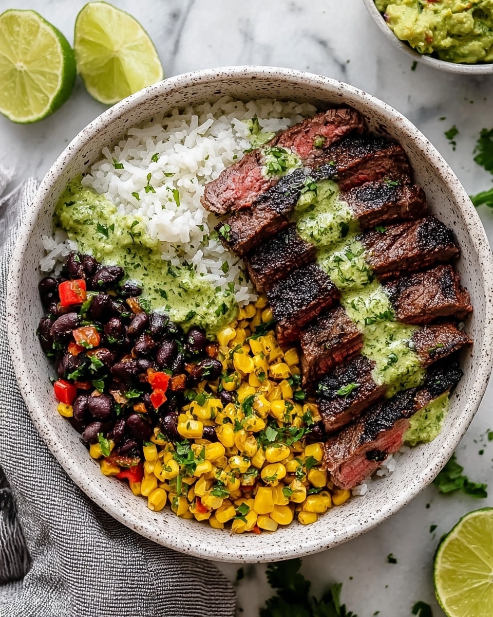 A white speckled bowl holds a colorful, layered dish with four main sections. On one side, there is a mound of cooked white rice topped with a dollop of creamy green sauce and some chopped herbs. Next to the rice, slices of medium-rare steak with visible grill marks are arranged in a neat row, also drizzled with the green sauce and sprinkled with herbs. To the left of the steak, a mix of black beans and yellow corn with bits of red pepper is placed, slightly coated with a green herb sauce. In the top corner of the bowl, two lime wedges rest on a green leafy garnish. The bowl is set on a white marbled surface, surrounded by fresh cilantro leaves, a halved lime, a small bowl of guacamole, and a soft gray cloth. photo taken with an iphone --ar 4:5 --v 7