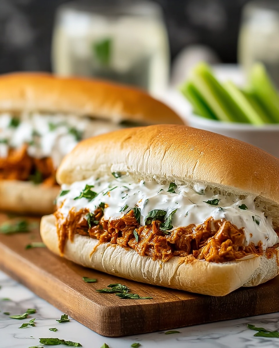A close-up of a sandwich on a white soft bun, cut in half horizontally, filled with shredded orange-brown saucy meat at the bottom layer, topped with a thick layer of white creamy sauce sprinkled with green herbs. The sandwich rests on a wooden board placed on a white marbled texture surface. In the background, a second sandwich of the same style is slightly out of focus, along with green vegetable slices and a glass of a white drink. Photo taken with an iphone --ar 4:5 --v 7