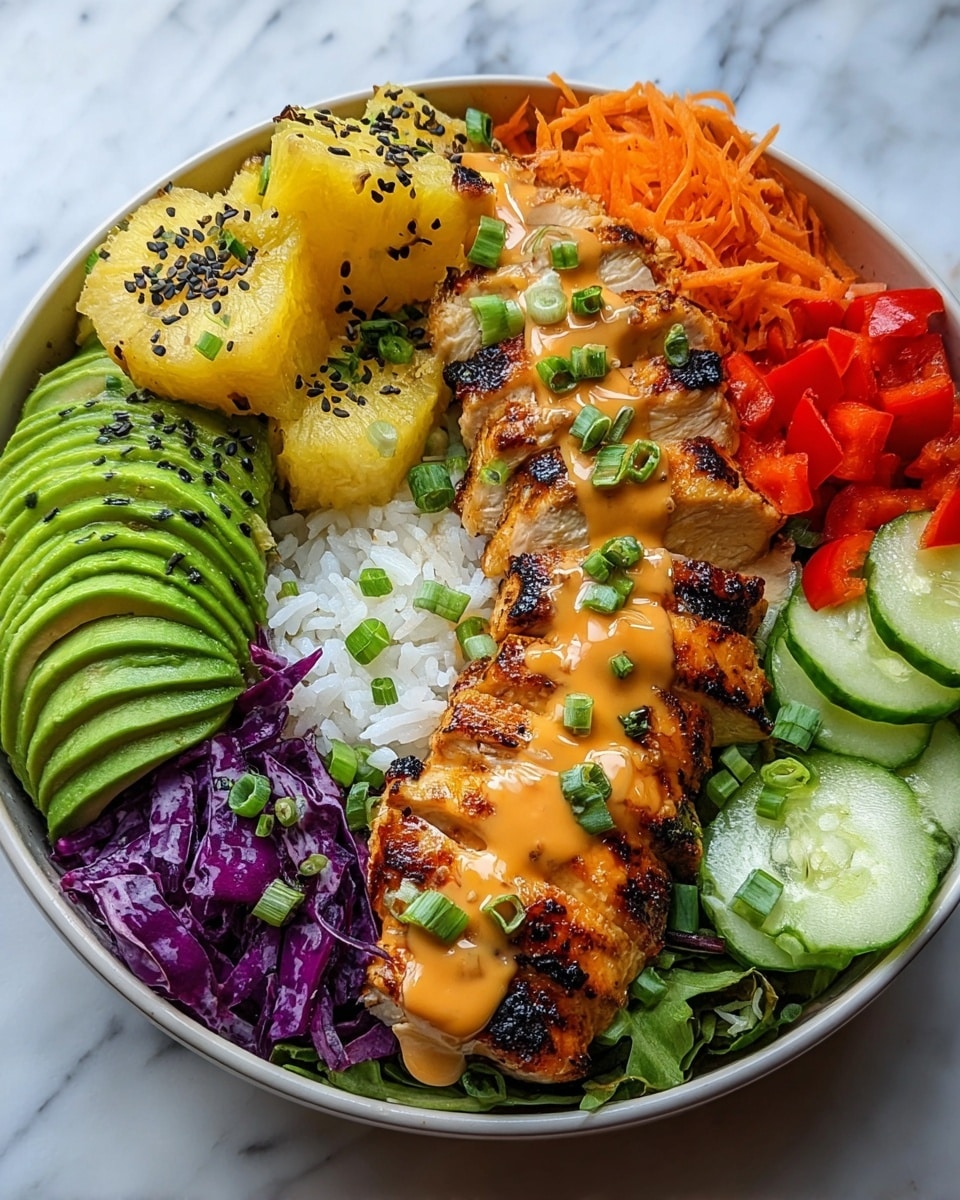A white bowl filled with a colorful layered dish starting with white rice at the bottom, topped with slices of grilled chicken arranged on one side with a light orange sauce drizzled over them and sprinkled with chopped green onions. Next to the chicken are golden-yellow grilled pineapple chunks with black sesame seeds and green onion pieces scattered on top. Beside the pineapple is a section of chopped red bell peppers and thin cucumber slices with green skin and white centers. There is also a fan of bright green avocado slices sprinkled with black sesame seeds, and next to it, half an avocado with seed removed. On the other side of the bowl, there is finely shredded bright orange carrot and shredded purple cabbage, all placed on a bed of leafy greens. The bowl sits on a white marbled surface. Photo taken with an iphone --ar 4:5 --v 7