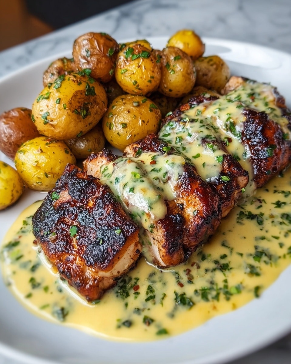 The dish shows three thick pieces of grilled chicken placed side by side, each with a crispy, dark brown, slightly charred surface. On top and around the chicken, there is a creamy, light yellow sauce speckled with finely chopped green herbs, pooling slightly on the plate. Next to the chicken, there is a pile of small roasted golden-yellow potatoes with browned, crisp spots and sprinkled with herbs. The food is served on a white plate resting on a white marbled surface. photo taken with an iphone --ar 4:5 --v 7