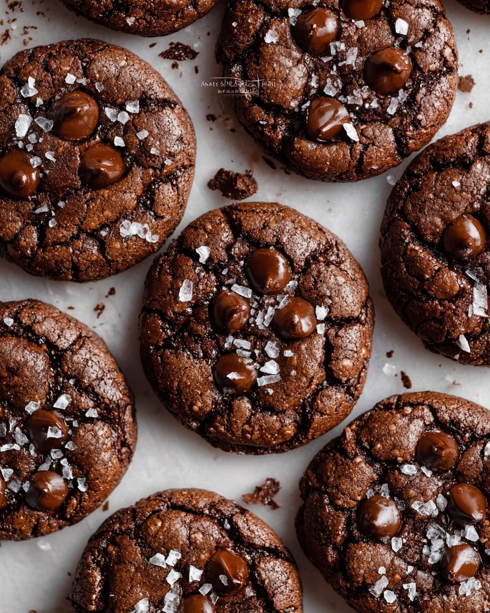 A close-up view of many round chocolate cookies spread on a white marbled surface, each cookie showing a cracked texture on top with shiny, soft chocolate chips scattered in groups of three or four. These rich brown cookies have a slightly rough surface with small salt flakes sprinkled unevenly across them, adding a subtle contrast. The cookies are closely packed, overlapping slightly, and the surface shows a few crumbs here and there. Photo taken with an iphone --ar 4:5 --v 7