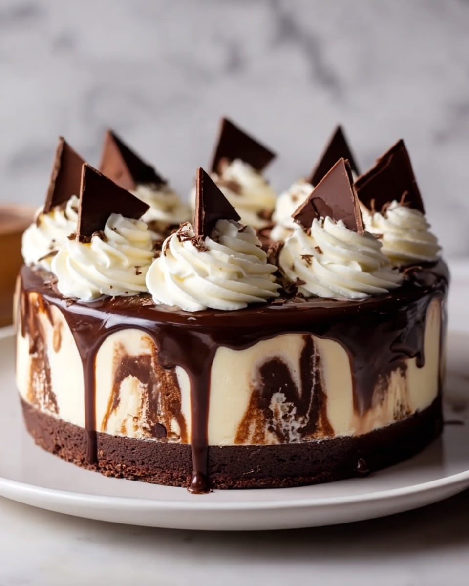 A round cake with three visible layers sits on a white plate against a white marbled texture background. The bottom layer is dark brown and dense, the middle thick layer is creamy white with irregular swirls of chocolate brown inside, and the top is covered with a shiny dark chocolate glaze that drips down the sides unevenly. On top, there are six evenly spaced swirls of white whipped cream, each topped with a small triangular piece of dark chocolate. The cake looks rich and smooth, with a soft texture under the glossy chocolate topping. Photo taken with an iphone --ar 4:5 --v 7