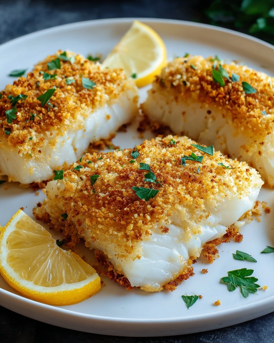 The image shows a close-up of three pieces of white cooked fish fillets placed on a round white plate. Each fish fillet has a golden brown crumb layer on top with a slightly rough texture and is sprinkled with small green parsley leaves. There are lemon wedges placed around the fish on the plate, and the plate rests on a white marbled surface. The focus is on the front fish piece, showing its flaky white layers beneath the crumb topping, with soft natural lighting highlighting the textures. Photo taken with an iphone --ar 4:5 --v 7