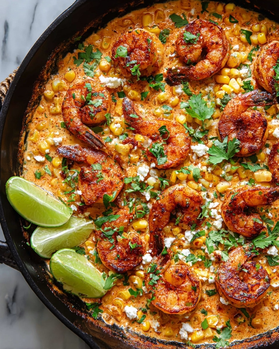 A black pan holds a creamy orange sauce base with small pieces of grilled yellow corn mixed in. On top, there are roughly twelve cooked shrimp, browned with a slightly spicy seasoning, arranged in a circle. Fresh green cilantro leaves are scattered across the shrimp and sauce, along with small white crumbly cheese pieces. Three green lime wedges sit on the left side. The pan appears on a white marbled surface. Photo taken with an iphone --ar 4:5 --v 7