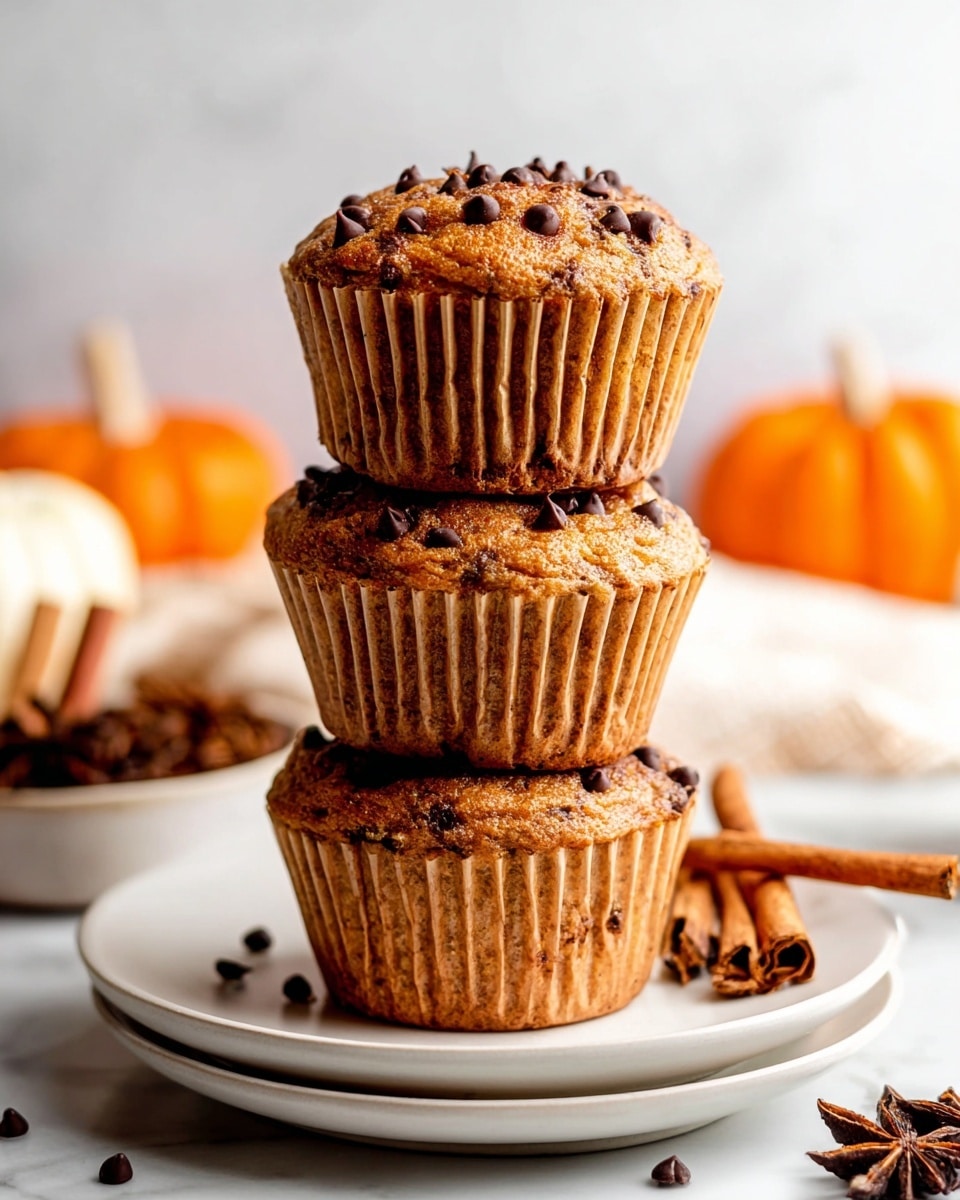 A stack of three chocolate chip muffins arranged vertically on two stacked white plates, each muffin wrapped in light brown paper liners with a textured surface; the muffins are deep golden brown with visible chocolate chips studded on top, showing a moist crumb texture. Around the plates are scattered whole cloves and two cinnamon sticks resting on the left side. The background is softly blurred with white pumpkins adding a warm, autumn feel against a white marbled surface. photo taken with an iphone --ar 4:5 --v 7