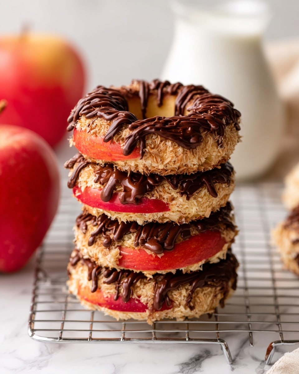The image shows a stack of four round rings made from apple slices topped with a rough-textured, light brown layer that looks like coconut mixed with a brown syrup or sauce. Each ring has a smooth red and yellow apple slice as the base layer. The top ring has a dark brown drizzle of chocolate sauce spread unevenly across the top. The stack is placed on a metal cooling rack against a white marbled surface. In the background, there is a red apple on the left side and a glass bottle of milk on the right. photo taken with an iphone --ar 4:5 --v 7