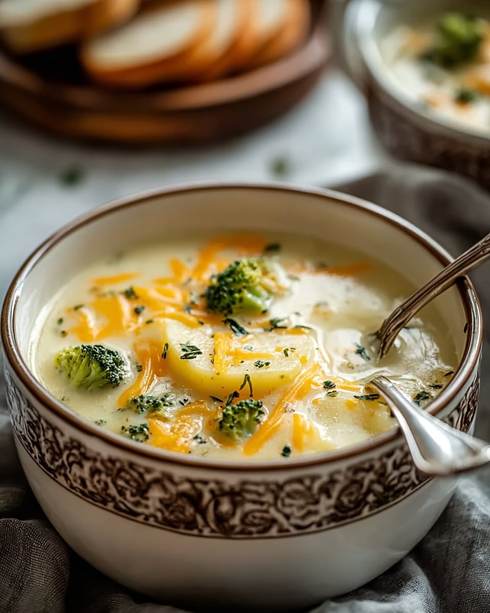 A bowl of creamy soup filled with thick slices of pale yellow potatoes floating in a smooth, light beige broth, topped with melted orange cheddar cheese and small green broccoli florets scattered throughout, with tiny bits of dark green herbs sprinkled on top. A metal spoon stands inside the bowl, which is white with a dark patterned rim. The bowl sits on a folded grey cloth against a white marbled surface, and blurred toast slices are visible in the soft background. photo taken with an iphone --ar 4:5 --v 7