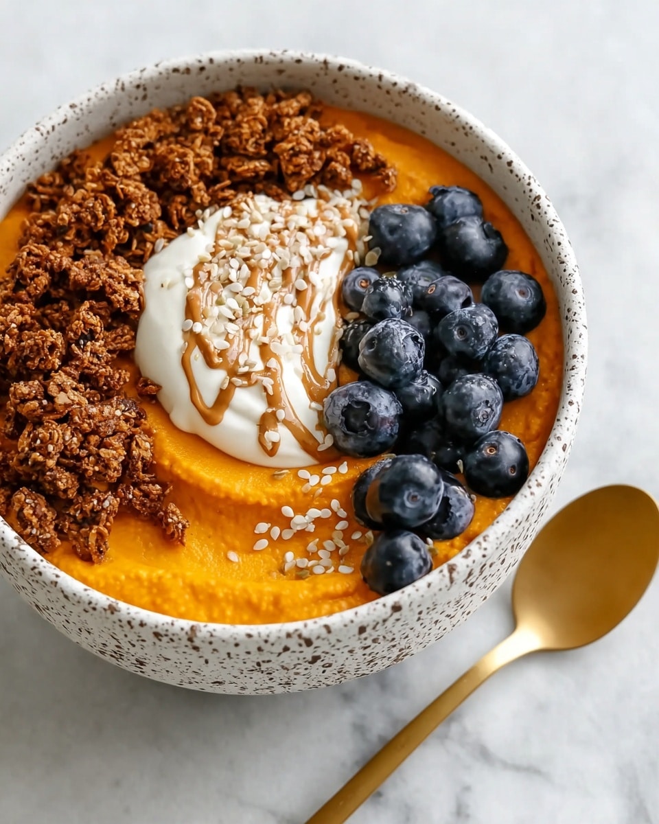 A white speckled bowl holds a layered dish with a thick base of bright orange puree filling most of the bowl. On one side, there is a cluster of dark blue, plump blueberries. Next to the blueberries, a curved row of crunchy brown granola is placed. At the center on top of the puree is a dollop of smooth white cream, drizzled with light brown nut butter and sprinkled with small white seeds. The bowl sits on a white marbled surface with a golden spoon nearby. Photo taken with an iphone --ar 4:5 --v 7