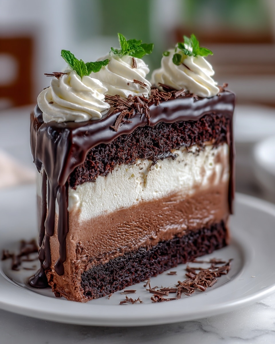 A slice of chocolate layered cake is shown on a white plate set on a white marbled surface. The cake has four visible layers from bottom to top: a dark chocolate cake layer, a smooth milk chocolate mousse layer, a white creamy layer, and another dark chocolate cake layer. Thick, glossy dark chocolate ganache drips down the sides from the top. On the top surface, three swirls of white whipped cream are decorated with small fresh green mint leaves and chocolate shavings. The background is softly blurred, highlighting the rich textures and colors of the cake. Photo taken with an iphone --ar 4:5 --v 7