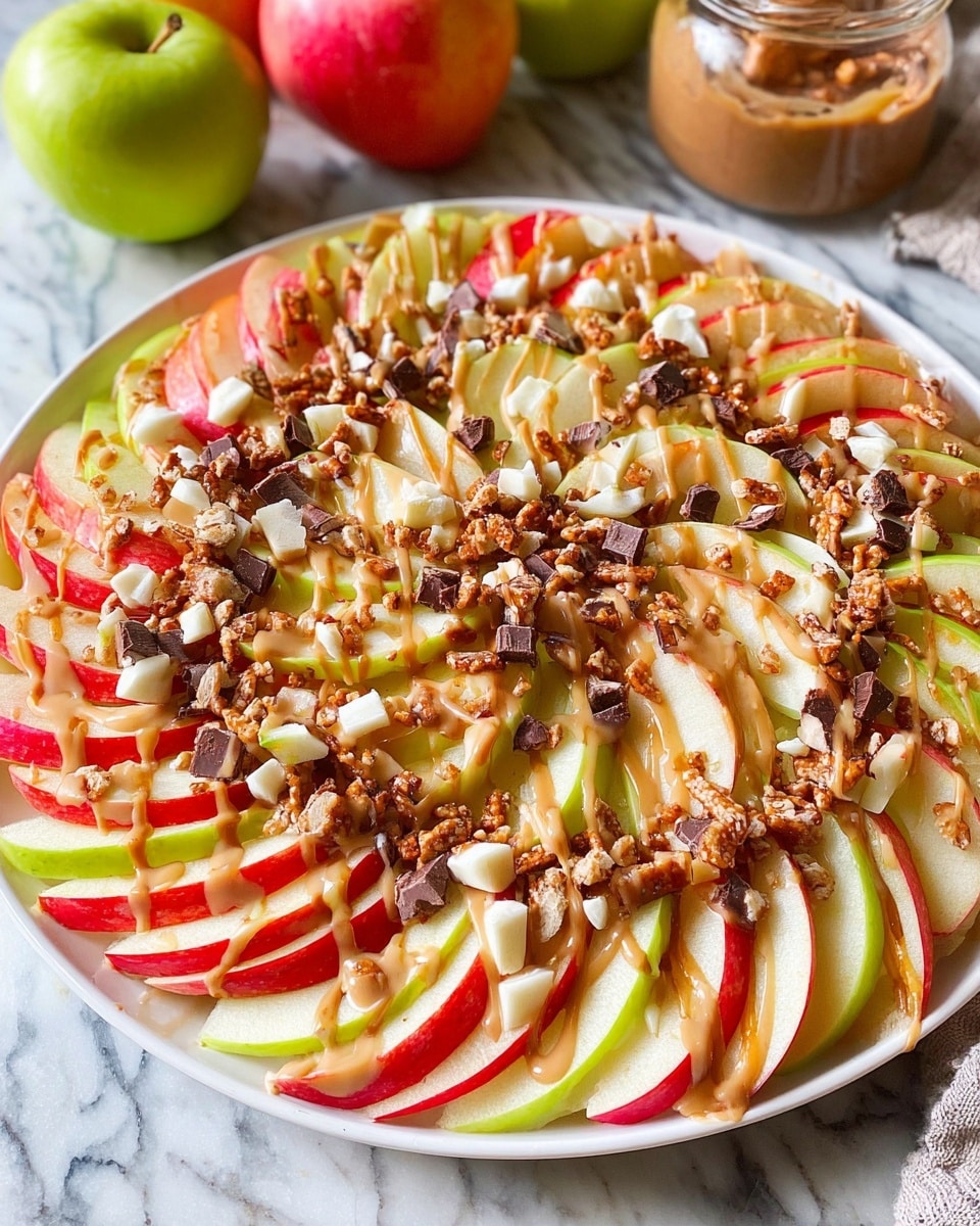 A white plate holds a round arrangement of thin apple slices layered in three colors: outer layer in red apple slices, middle layer in green apple slices, and inner layer in a mix of red and green slices, all slightly overlapping. Drizzled over the apple layers are light caramel and creamy white sauces, adding smooth shiny textures. On top, there are small broken pieces of crunchy pretzels and chocolate scattered evenly, giving a mix of brown and tan colors and a rough texture. The plate is set on a white marbled surface with a blue and white striped cloth partially visible on the right side, and three whole apples (two green, one red) at the top left. photo taken with an iphone --ar 4:5 --v 7