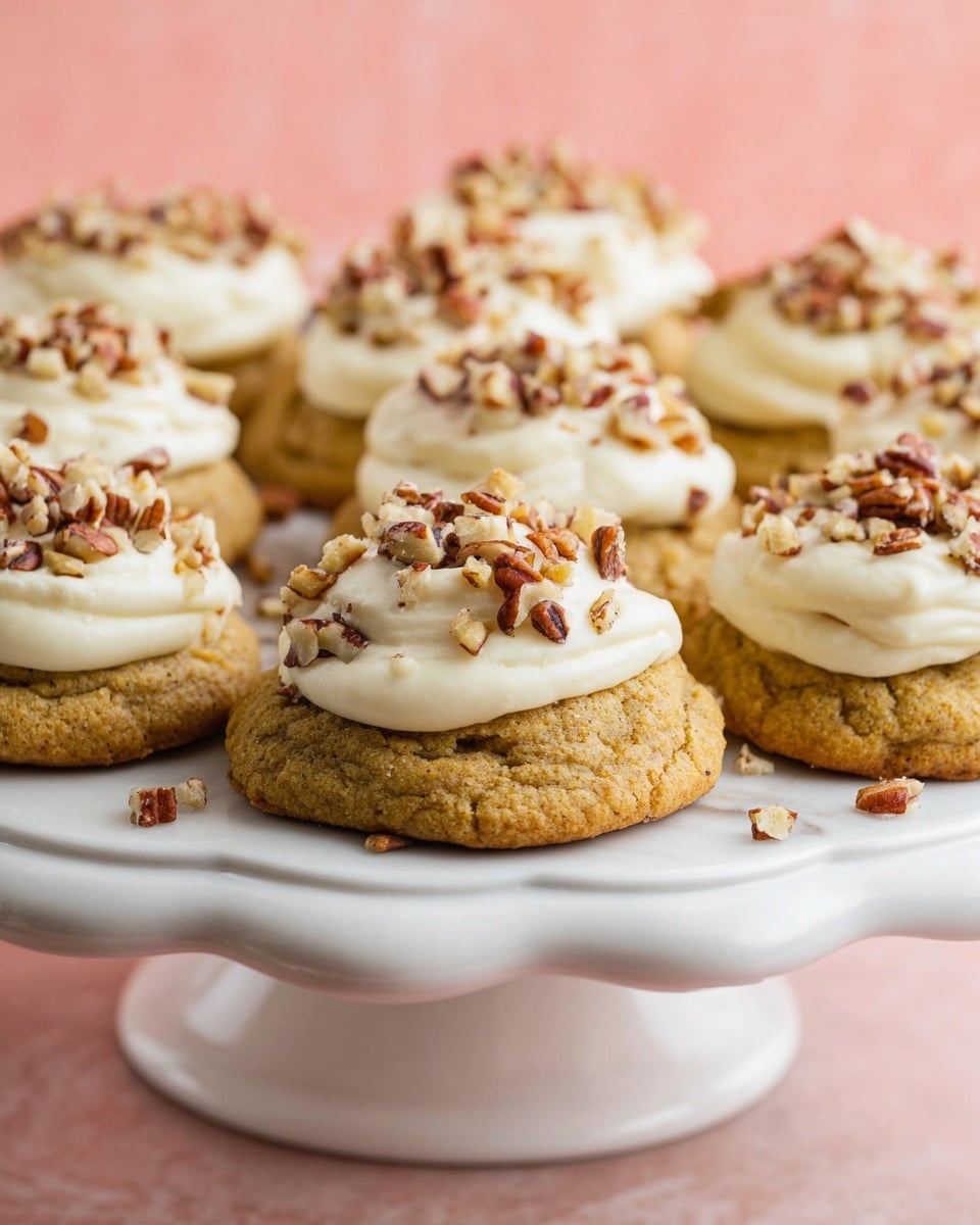 The image shows soft cookies arranged on a white plate with a raised base on a white marbled surface. Each cookie has two layers: a thick, light brown base with a slightly bumpy texture, and a smooth, thick layer of creamy white frosting on top. The frosting is decorated with a generous sprinkle of chopped nuts in various shades of brown, giving a crunchy texture contrast. The cookies are close together, with some chopped nuts lightly scattered around on the plate. The background is blurred but shows more cookies on the same white marbled surface. photo taken with an iphone --ar 4:5 --v 7