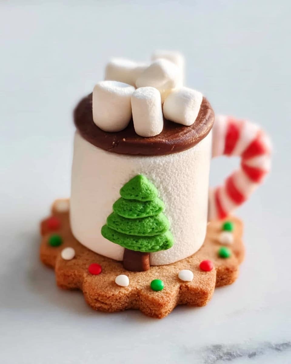 A small mug-shaped dessert with three layers is placed on a scalloped round cookie. The bottom layer is a light brown cookie with a slightly rough texture and is decorated with small, smooth green, white, and red round candies scattered on its edges. The middle layer is a tall, smooth white marshmallow forming the mug’s body, which has a small green Christmas tree shape on its front. The top layer mimics a drink with a smooth, dark brown chocolate disk covering the marshmallow top, adorned with several white mini marshmallows arranged in a small pile. A red-and-white striped candy cane curls from the right side of the marshmallow, forming the mug handle. Photo taken with an iphone --ar 4:5 --v 7