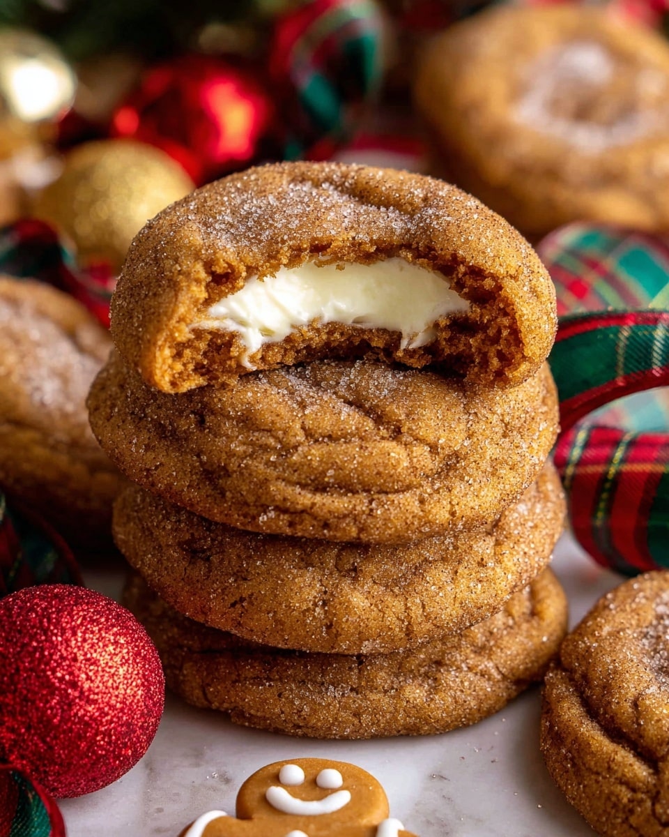 A stack of four soft, round cookies with a golden brown, slightly cracked surface dusted with sugar and cinnamon, with the top cookie showing a bite taken out of it, revealing a creamy white filling inside; more cookies surround the stack on a white marbled texture, with festive red and green plaid ribbons, red and gold glittery Christmas ornaments, and small gingerbread men decorated with white icing in the blurred background, giving a warm holiday feel, photo taken with an iphone --ar 4:5 --v 7