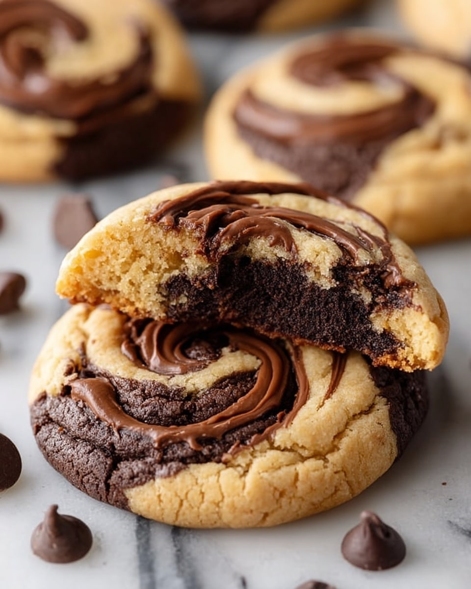 The image shows a close-up of round cookies with a swirled mix of light brown and dark brown chocolate colors on top. Each cookie has two layers: a crumbly, light brown base with a soft texture, and a rich, glossy dark chocolate swirl that covers the surface in a smooth, wavy pattern. The cookie in front has a bite taken from it, revealing a darker, more solid chocolate inside. Scattered around the cookies are small, shiny chocolate chips, all placed on a white marbled surface. photo taken with an iphone --ar 4:5 --v 7