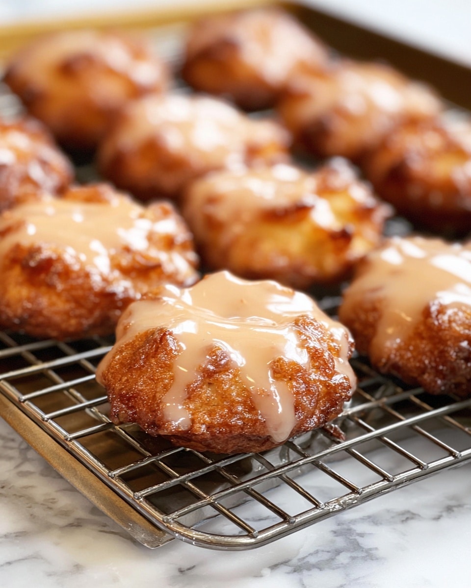 The image shows several golden brown, crispy fritters with an uneven, bumpy texture, placed on a wire rack over a dark baking tray. Each fritter is topped with a smooth, glossy light beige glaze that drips slightly down the sides. The background surface is a white marbled texture, adding a clean contrast to the warm tones of the fritters and tray. photo taken with an iphone --ar 4:5 --v 7