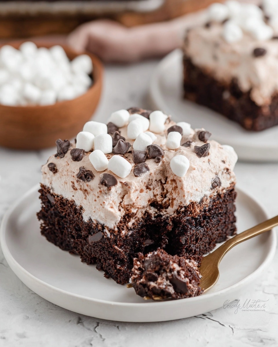 A square piece of chocolate cake sits on a white plate with a light gray rim, placed on a white marbled surface. The cake has three layers: a moist dark brown chocolate base at the bottom, a middle layer full of gooey chocolate chunks and small bits of white marshmallow, and a thick top layer of light brown creamy frosting. The frosting is decorated with small white mini marshmallows scattered on top, along with tiny dark chocolate chips spread evenly across the surface. A bronze fork holds a small bite-sized piece of the cake in front of the plate, showing the gooey and fluffy textures. In the blurred background, two wooden bowls—one with mini marshmallows and the other with chocolate chips—can be seen. Photo taken with an iphone --ar 4:5 --v 7