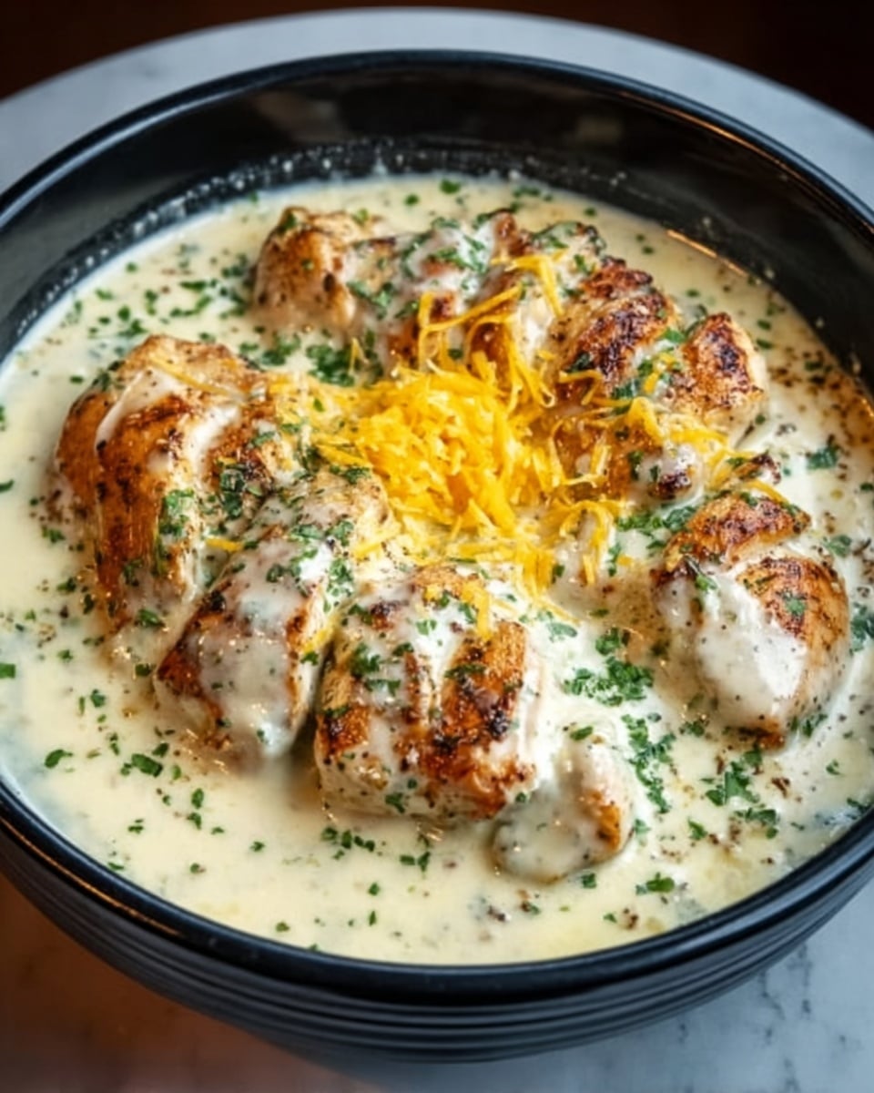 The dish shows several pieces of grilled chicken layered in a black bowl, covered with creamy white sauce and little orange melted cheese strips on top. The chicken is golden brown with a slightly charred texture, and the sauce is smooth and thick, spreading around the pieces. Tiny green herbs are sprinkled evenly over the whole dish, adding a fresh touch. The black bowl contrasts with the creamy and warm colors of the chicken and sauce. The background is a white marbled texture. photo taken with an iphone --ar 4:5 --v 7
