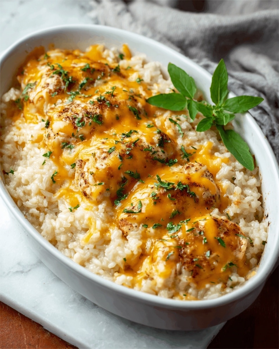 The dish is served in a white oval bowl filled with a creamy layer of cooked rice that looks soft and slightly sticky. On top of the rice, there are five elongated pieces of chicken, each covered with a melted, golden yellow layer of cheese that has a smooth texture and some brown spots from baking. Small green herb pieces are sprinkled evenly across the dish, adding a touch of color and freshness. In the corner, a couple of fresh green herb leaves rest on the rice, providing a fresh contrast to the warm, creamy layers. The bowl is placed on a white marbled surface. photo taken with an iphone --ar 4:5 --v 7