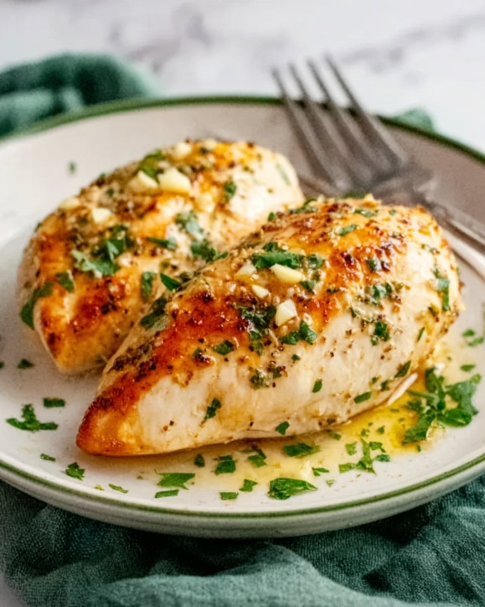 The image shows two thick, cooked chicken breasts on a white plate with a greenish rim, placed on a white marbled surface. The chicken breasts are golden brown with specks of herbs and small bits of garlic on top, with a slight glistening from oil or butter. There is a sprinkle of chopped green herbs over the chicken and the plate, adding color contrast. The plate is next to a silver fork, and part of a green cloth is visible beneath the edge of the plate. The overall look is fresh and warm. Photo taken with an iphone --ar 4:5 --v 7