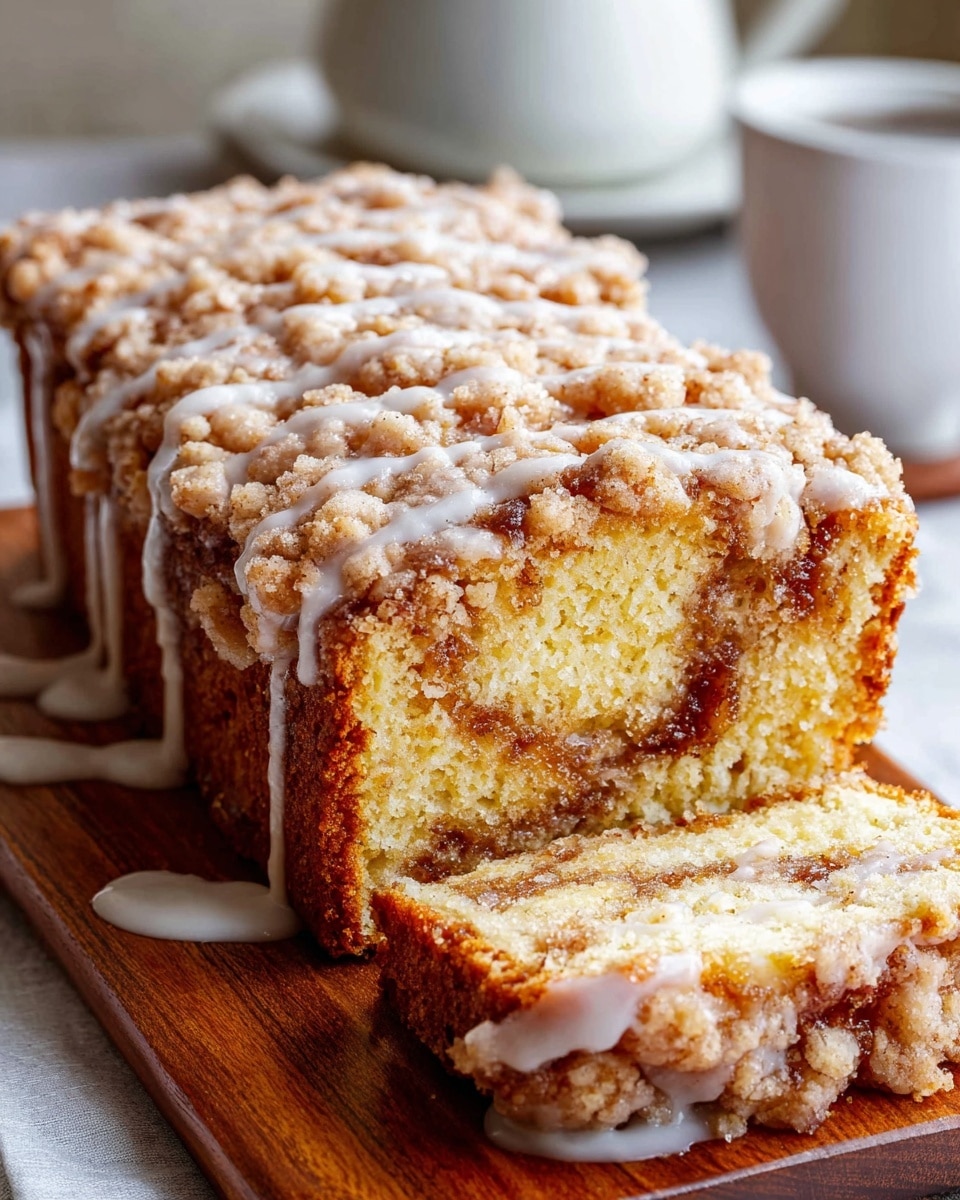 A freshly baked loaf cake with four visible slices arranged in a fanned-out stack on a wooden cutting board. The cake has three main layers: a yellow soft crumb base, a middle layer of cinnamon sugar swirls that are dark brown and slightly caramelized, and a crumbly, golden-brown streusel topping. White icing is drizzled generously over the top and sides of the cake, creating a glossy contrast against the warm tones. The background shows a white marbled texture with a white ceramic pitcher slightly out of focus. photo taken with an iphone --ar 4:5 --v 7