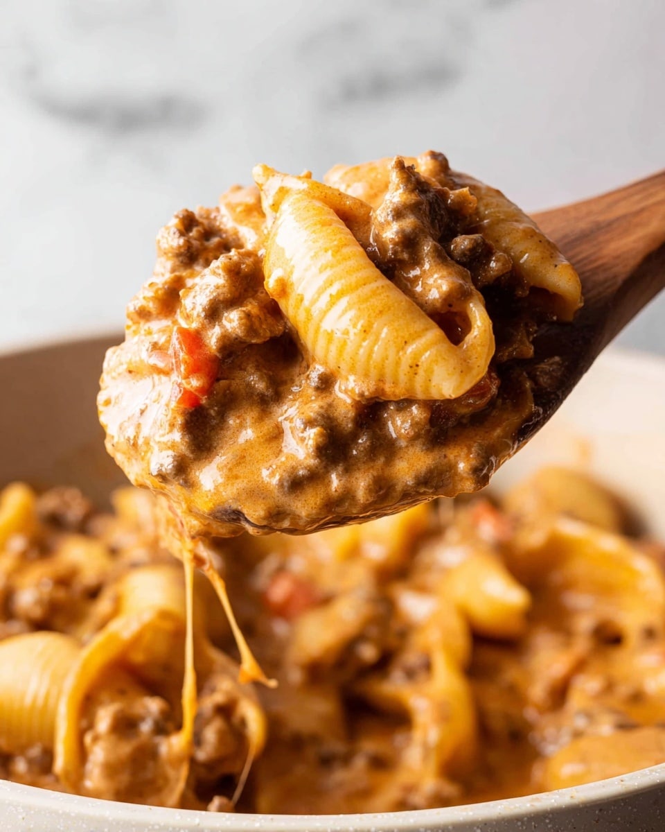 A wooden spoon holds a creamy pasta dish close up, showing three main layers: at the bottom, small shell pasta shells in light yellow; mixed in are bits of browned ground meat with a crumbly texture; the whole is covered in a smooth, thick orange-brown cheese sauce with some tiny specks of black pepper. There is also a visible piece of red tomato near the edge. The food is dripping slightly from the spoon, with thin strands of cheese stretching down. The background is a white marbled texture with a blurry white bowl below. Photo taken with an iphone --ar 4:5 --v 7