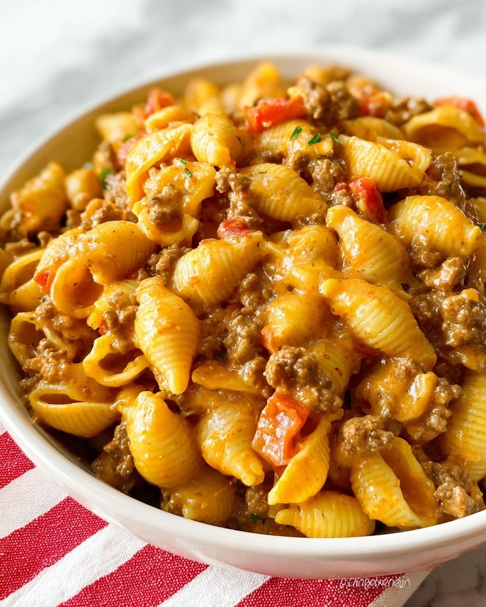 A large white bowl filled with creamy pasta shells mixed with small pieces of browned ground meat and chunks of red tomatoes, the pasta shells are coated in a rich, orange-colored sauce with a smooth, slightly thick texture. The pasta appears soft and plump, with the sauce evenly covering everything, creating a warm, hearty look. The bowl sits on a white marbled surface next to a white cloth with red stripes. Photo taken with an iphone --ar 4:5 --v 7