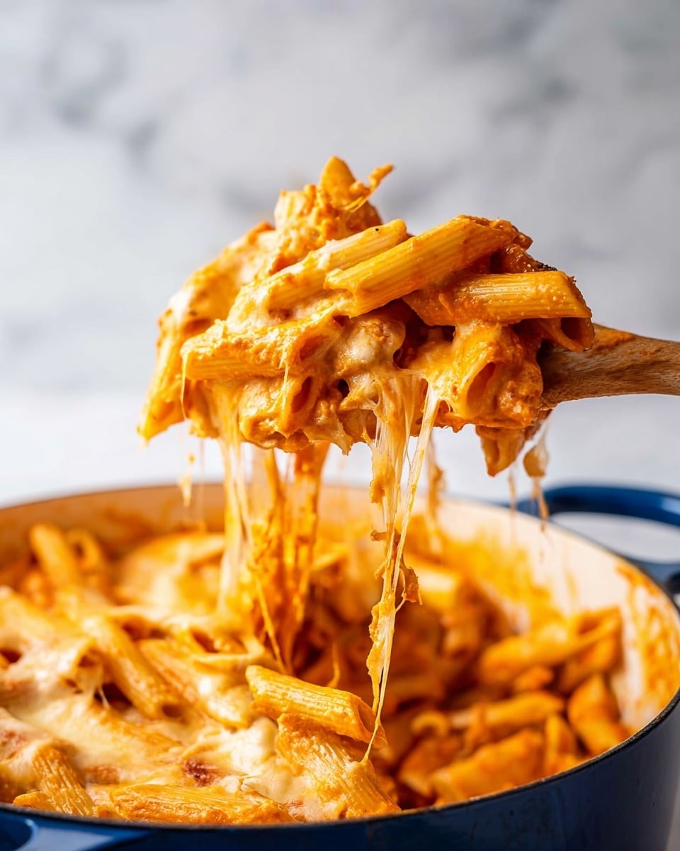 The image shows a close-up of cooked penne pasta covered in melted orange cheese, being lifted by a wooden spoon from a white bowl with a blue handle. The pasta is coated in a thick, creamy cheese sauce that stretches in thin strands between the lifted pasta and the bowl below. The penne tubes are clearly visible, with the cheesy sauce clinging to their ridges, giving the dish a rich and gooey texture. The background surface is a white marbled texture, making the colors of the pasta and cheese stand out. photo taken with an iphone --ar 4:5 --v 7