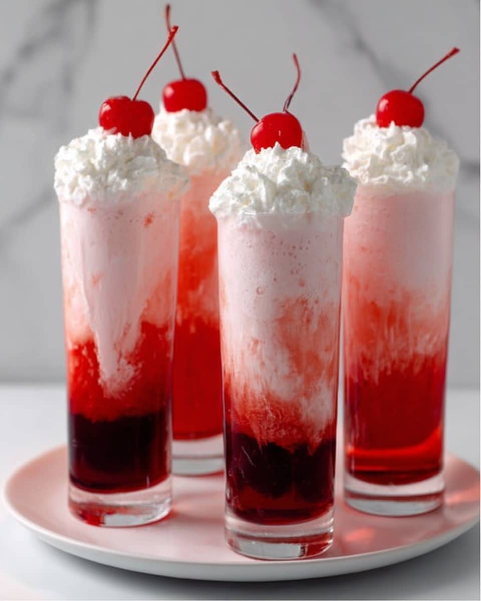 The image shows four tall, clear glasses filled with a layered pink and red drink. Each glass has a dark red liquid at the bottom, a creamy pale pink layer in the middle that looks smooth and mixed, and a fluffy white whipped topping above the pink layer. On top of each whipped cream is a bright red cherry with a stem. The glasses are placed on a white plate, sitting on a white marbled surface. A woman's hand is holding one of the glasses. The photo taken with an iphone --ar 4:5 --v 7