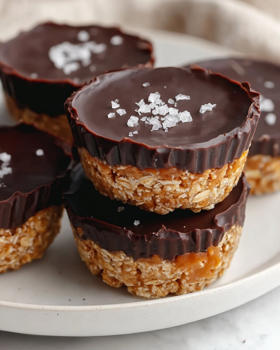 The image shows three small round treats on a white plate, each with two layers. The bottom layer is golden brown with a rough texture from oats or nuts. The top layer is thick and smooth dark chocolate, glossy with small flaky salt crystals scattered on top. One treat is stacked on another, slightly overlapping the third treat on the plate, all placed on a white marbled surface. photo taken with an iphone --ar 4:5 --v 7