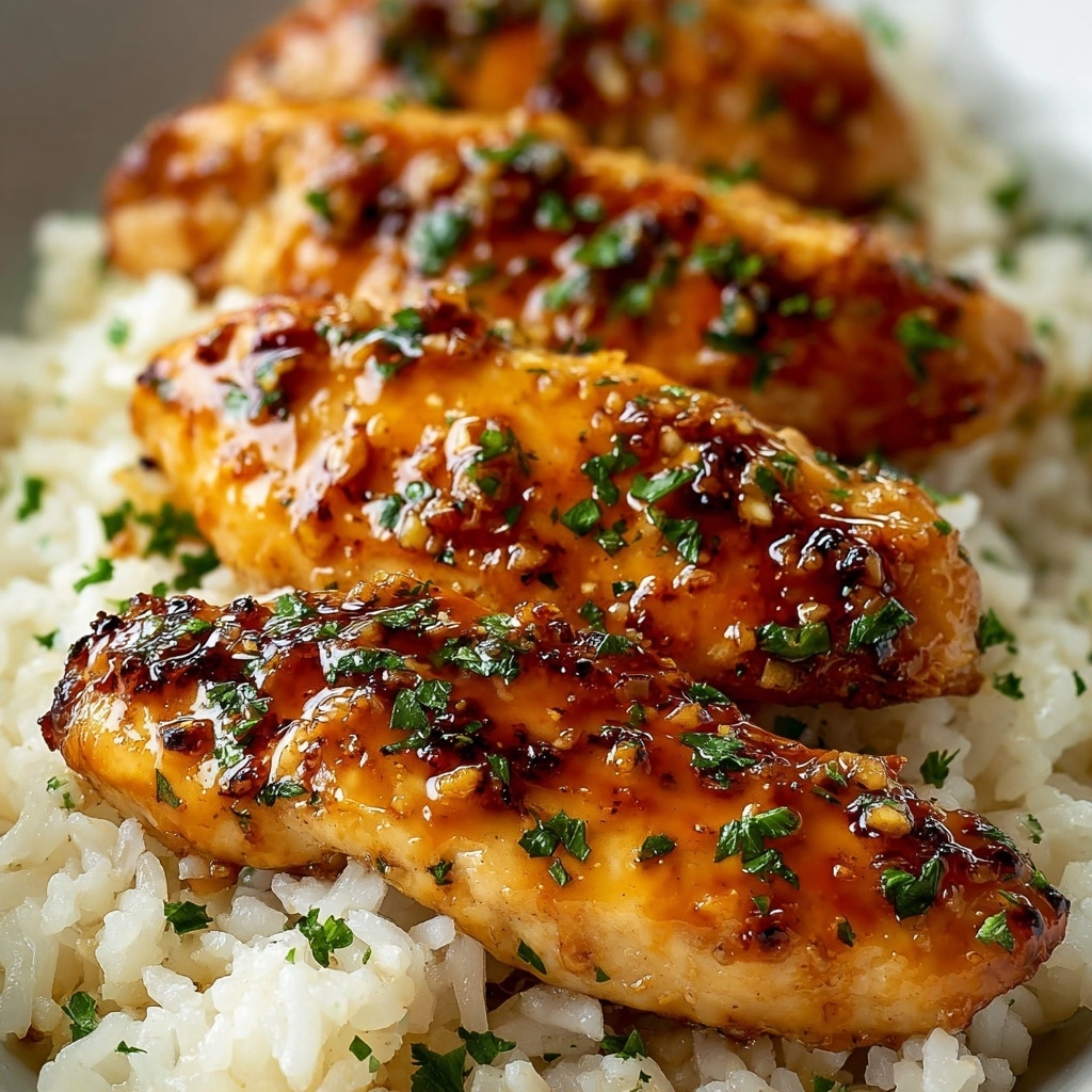 The dish shows a base layer of white rice with a slightly sticky texture spread evenly across a white plate. On top, there is a thick creamy beige sauce that looks smooth and rich, coating the pieces of dark brown, tender steak chunks scattered all over. Fresh green parsley leaves are sprinkled on the top, adding color contrast and freshness. The image is close-up, showing details of the meat texture and sauce gloss. The background has a white marbled surface. photo taken with an iphone --ar 4:5 --v 7