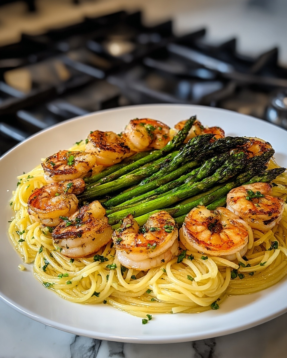 A white plate holds a dish with three main layers: at the bottom there is a bed of thin, yellow spaghetti noodles lightly coated with oil and sprinkled with small green herb bits. On top of the noodles, grilled shrimp with pinkish-orange shells and char marks are arranged in a circle around the edge. In the center, a neat bundle of bright green, glossy asparagus spears lies horizontally, slightly charred on the tips. The dish is set on a white marbled surface with a kitchen stove blurred in the background. Photo taken with an iphone --ar 4:5 --v 7