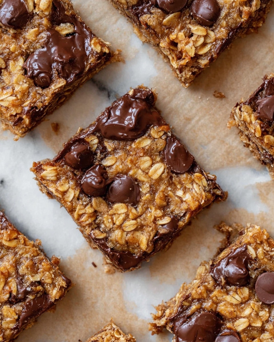 The image shows several oat and chocolate chip bars placed close together on brown parchment paper. Each bar has a rough, textured surface with visible oat flakes that are light golden brown. Dark, melted chocolate chips are scattered throughout the bars, partially sunk into the oat layer, adding dark brown spots of gooey texture. The bars appear soft and chewy with some slightly crisp edges. photo taken with an iphone --ar 4:5 --v 7
