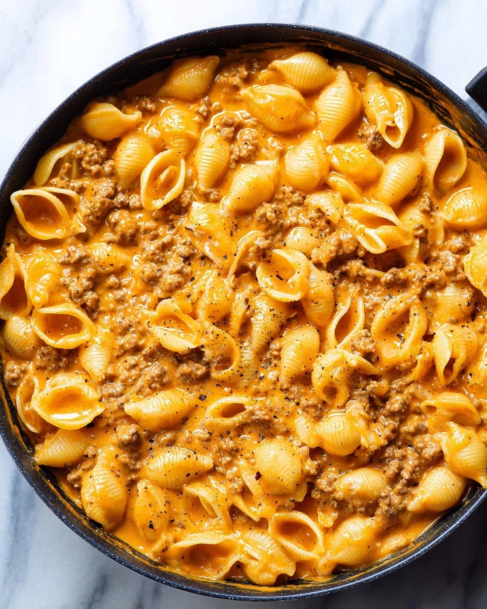 The image shows a close-up of a black pan filled with a creamy orange sauce pasta dish. The pasta is shell-shaped, cooked to a soft texture, and generously covered in a thick, smooth orange sauce. Mixed throughout the pasta are small chunks of browned ground meat, evenly distributed. The surface of the dish is lightly sprinkled with cracked black pepper, adding specks of dark color. The pan sits on a white marbled surface, enhancing the colors of the dish. Photo taken with an iphone --ar 4:5 --v 7