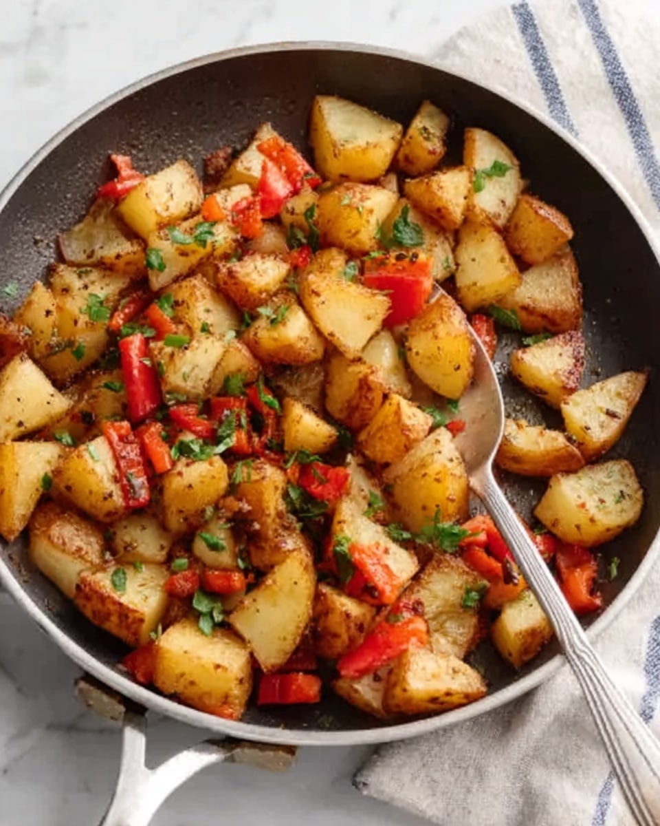 The image shows a frying pan filled with cooked, diced potatoes that have a golden brown and crispy texture on the outside. Mixed with the potatoes are pieces of red bell pepper and small bits of green herbs scattered on top. A silver spoon rests inside the pan, slightly lifting some potatoes, while the pan sits on a white marbled surface with a folded cloth napkin nearby. Photo taken with an iphone --ar 4:5 --v 7