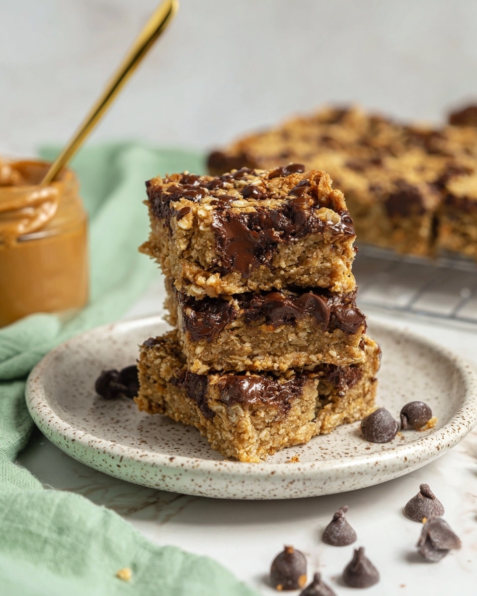 Three soft, chewy oat bars with melted dark chocolate chips are stacked on a speckled white plate. Each bar has visible chocolate chunks melted inside and a rough crunchy oat texture on top, with a light golden-brown color. Extra dark chocolate chips are scattered around the plate. In the background, there is a blurred container of peanut butter with a gold spoon and more oat bars. The scene rests on a white marbled surface with a light green cloth in the corner, photo taken with an iphone --ar 4:5 --v 7