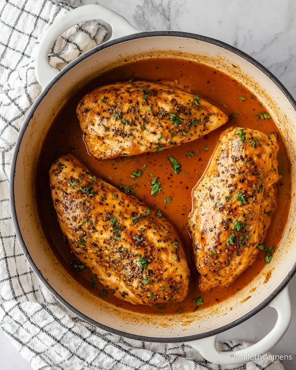 Three cooked chicken breasts sit in a white round pot filled with a glossy, thick orange-brown sauce. The chicken breasts are browned with visible black pepper and herbal seasoning sprinkled on top. Some small green herb pieces are scattered over the chicken, adding a fresh contrast. The pot rests on a white marbled surface with a white and black checkered cloth under the pot’s handle. Photo taken with an iphone --ar 4:5 --v 7