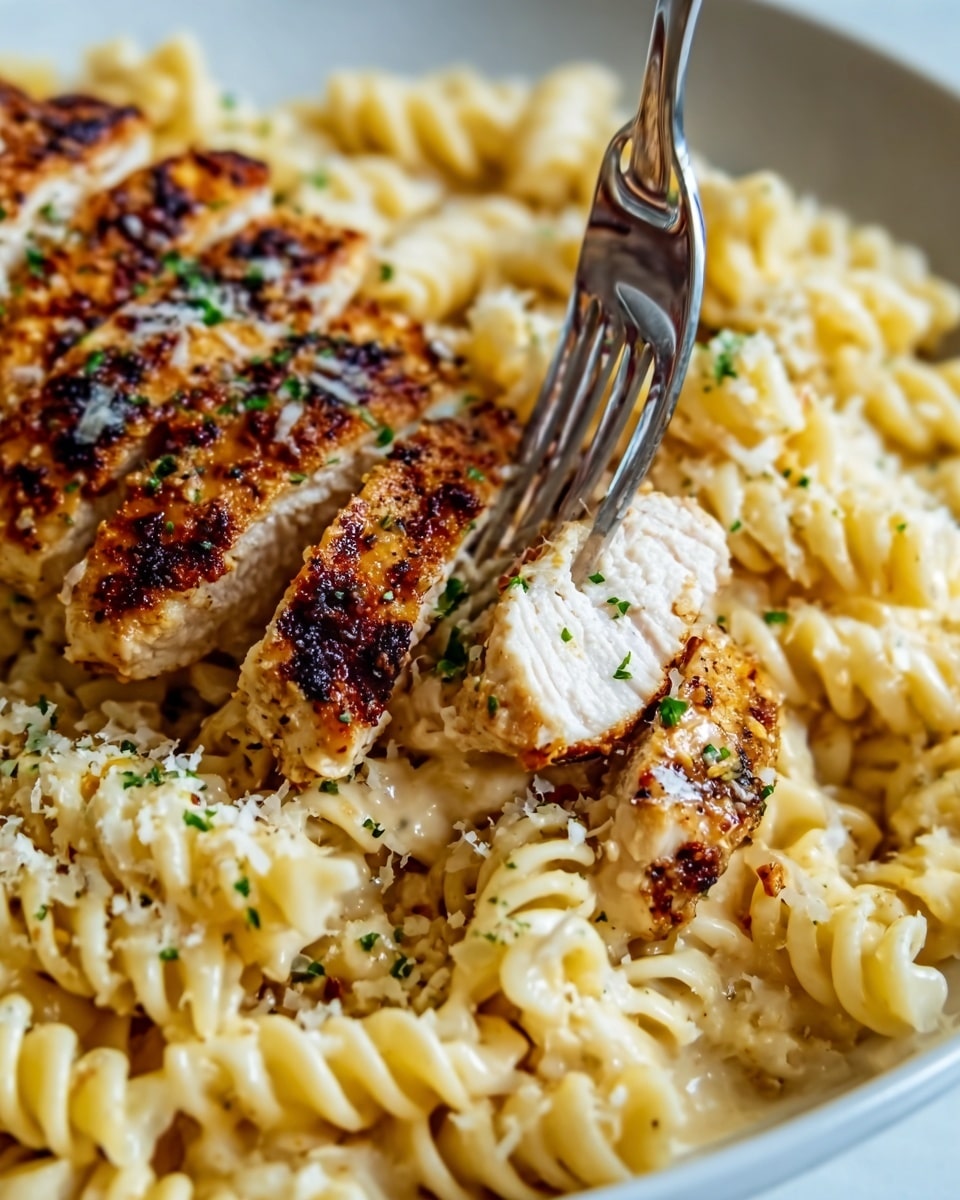 A close-up image shows a white plate filled with a dish of cooked rotini pasta at the bottom, its pale yellow color textured with a light sheen. On top lies sliced grilled chicken breast pieces, golden brown with dark grill marks and a slightly charred look. The chicken is sprinkled with finely chopped green herbs and grated cheese, adding specks of white and green over the surface. A woman's hand holds a fork lifting a piece of chicken that is slightly pulled apart, revealing white, tender meat inside. The plate rests on a white marbled surface. Photo taken with an iphone --ar 4:5 --v 7