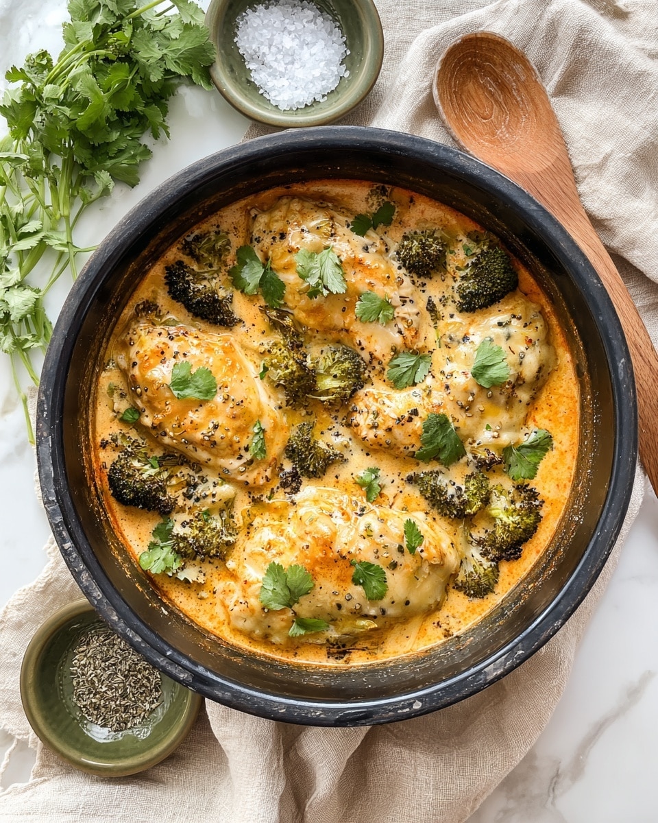 The image shows a round black pot filled with a creamy baked dish featuring four large chicken breasts layered in a thick, light orange sauce with melted cheese. Around the chicken, there are several pieces of cooked broccoli with a slightly charred texture, all partially covered with the sauce. The dish is garnished with fresh green cilantro leaves scattered on top, and sprinkled with some fine white and black seasoning. The pot sits on a soft beige cloth on a white marbled surface, with two small green bowls nearby—one filled with coarse white salt and the other with dried herbs. Fresh cilantro leaves and a wooden spoon rest in the background. Photo taken with an iphone --ar 4:5 --v 7
