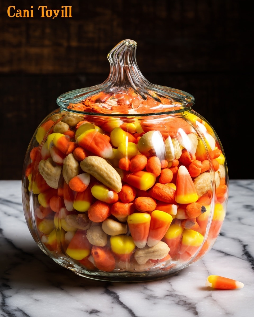 The image shows a clear glass pumpkin-shaped jar filled to the top with a colorful candy corn trail mix. Inside the jar, three main layers mix evenly: bright orange, yellow, and white candy corn pieces, light brown peanuts, and smooth candy-coated chocolates in yellow, orange, and dark brown hues. The jar sits on a wooden surface with a white marbled background, making the vibrant colors stand out. The scene is warm and inviting, capturing the festive fall vibe in the detailed textures of the candy and nuts. Photo taken with an iphone --ar 4:5 --v 7