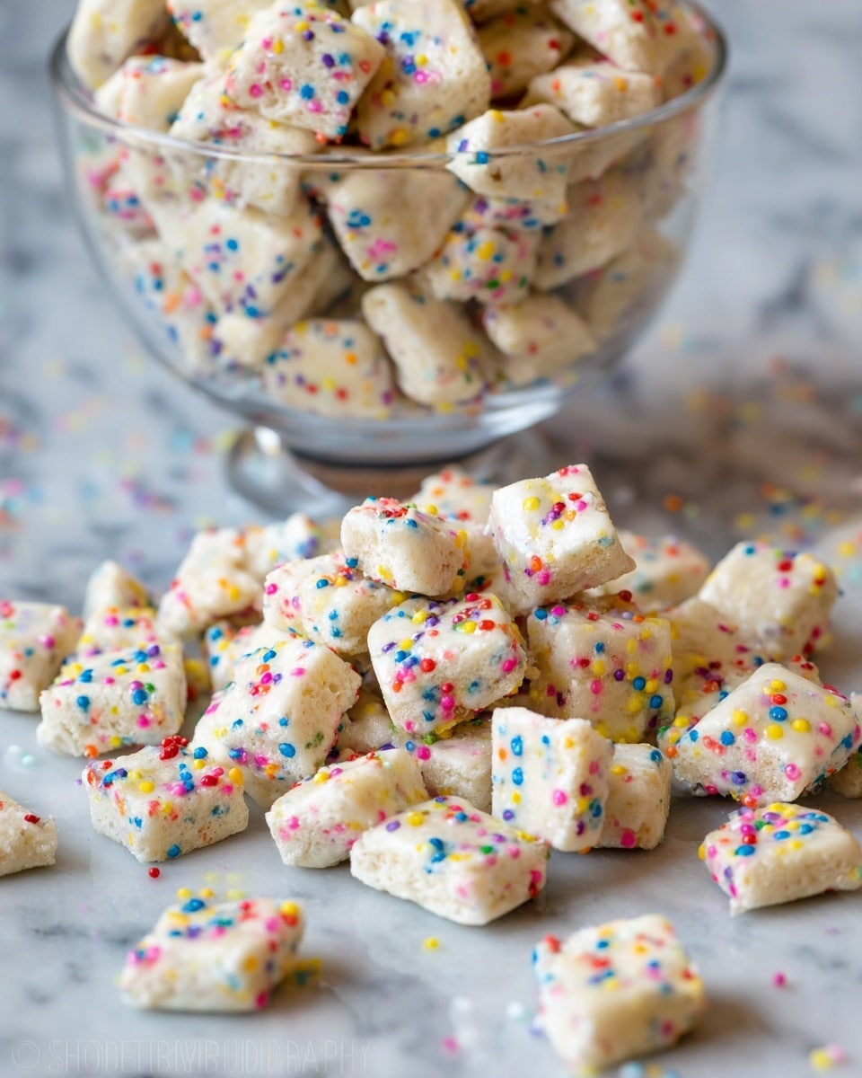 A clear glass bowl filled with small square-shaped snack pieces covered with a white powder coating and colorful round sprinkles in red, yellow, blue, green, orange, and purple, piled high inside the bowl and spilling out onto a white marbled surface, showing a dense cluster of the same lightly textured pieces with visible sprinkles all over. Photo taken with an iphone --ar 4:5 --v 7