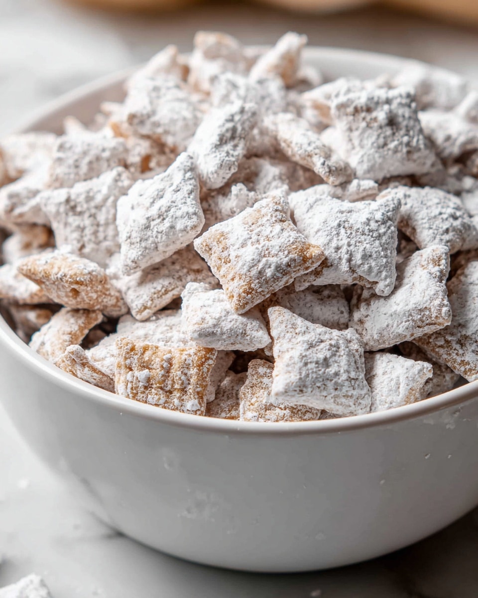 A white bowl filled with many small square-shaped cereal pieces, each covered in a thick layer of white powdered sugar that gives them a soft, fluffy look. The cereal pieces have a rough texture visible under the sugar, and they are piled high inside the bowl, creating a sense of fullness. The bowl sits on a surface with white marbled texture. photo taken with an iphone --ar 4:5 --v 7