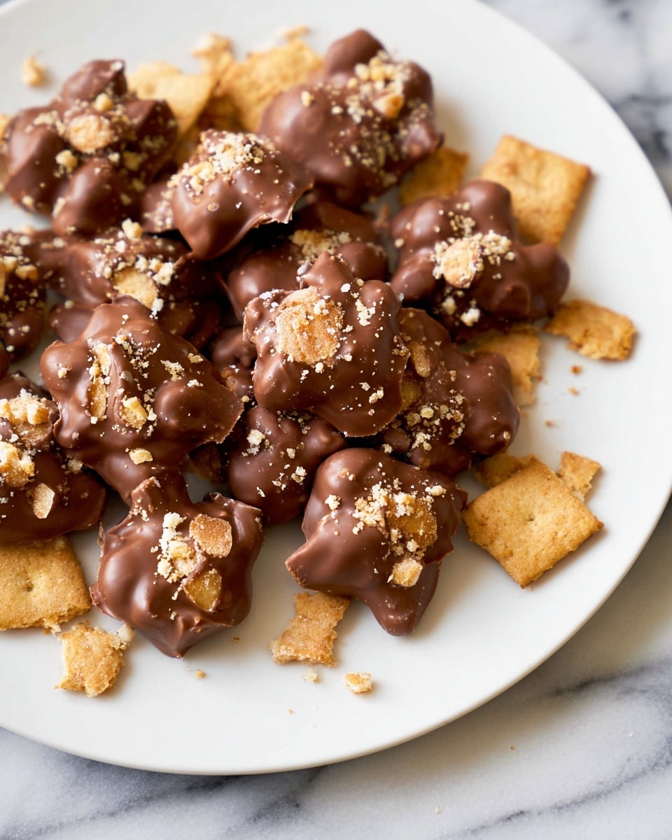 The image shows small clusters of a dessert made with milk chocolate coating over irregularly shaped oat cereal pieces, forming chunky and uneven mounds. Each cluster is mainly brown due to the smooth, shiny chocolate that covers the textured, light tan cereal beneath. Some golden oat flakes peek out from the edges, adding a rough, flaky texture. A few broken cereal pieces, crispy and light tan, are scattered around the clusters on a white plate. The plate sits on a surface with a white marbled texture in soft lighting, emphasizing the glossy chocolate and crumbly cereal pieces. Photo taken with an iphone --ar 4:5 --v 7